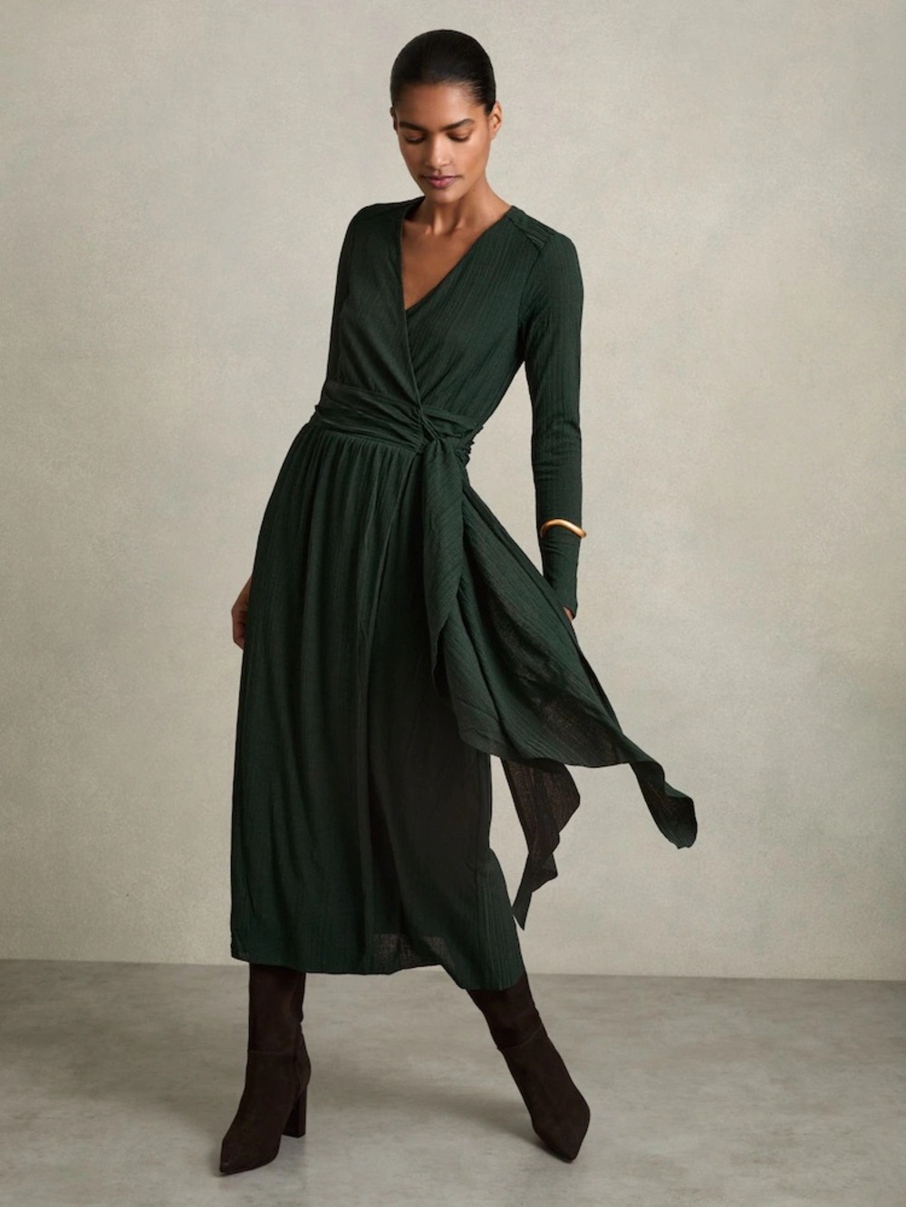 Reiss Madeline Jersey Wrap Side Tie Long Sleeve Ribbed Midi Dress Green 6
